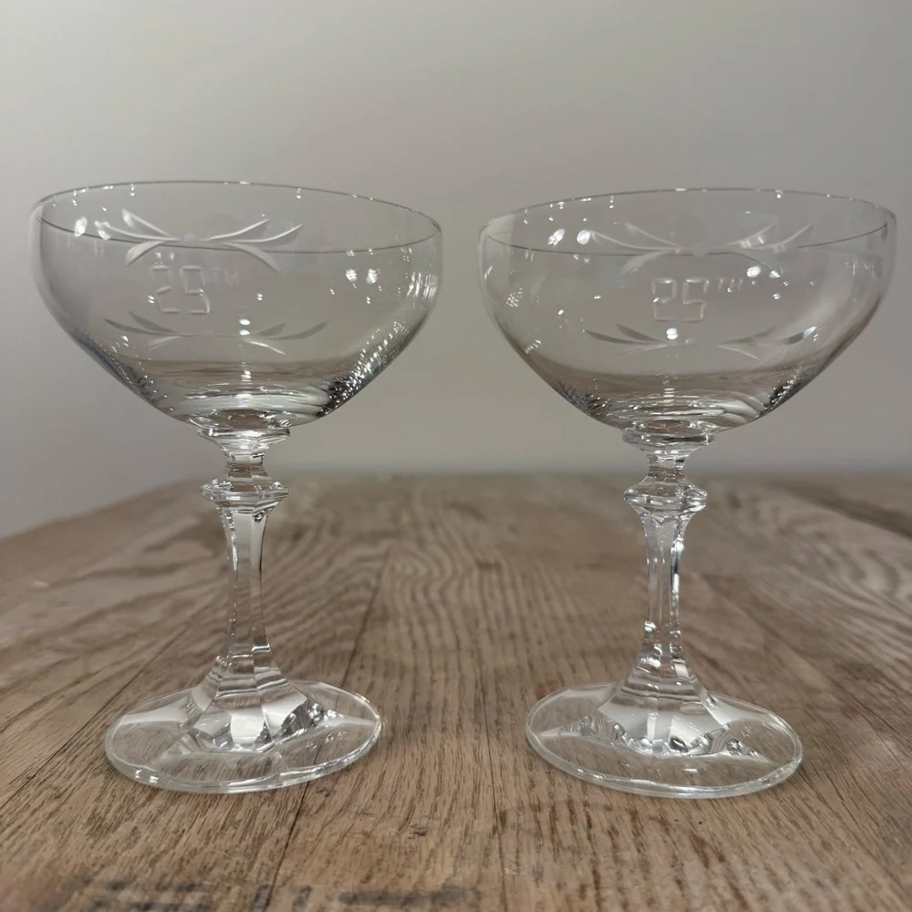 25th Vintage Etched Coupe Glasses Set of 2‎ Anniversary Birthday Celebration